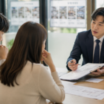 공인중개사의 설명을 들으며 부동산 계약 내용을 신중하게 검토하는 예비 매수자
