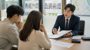 공인중개사의 설명을 들으며 부동산 계약 내용을 신중하게 검토하는 예비 매수자