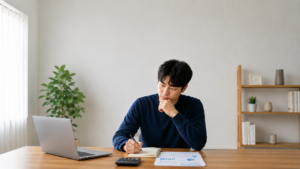 집에서 ISA와 연말정산 서류를 보며 ISA 세액공제와 절세 혜택을 고민하는 직장인 모습