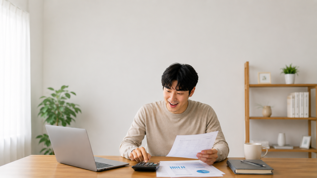 계산기와 서류를 보며 ISA 절세 혜택과 연말정산 환급의 차이를 이해하는 직장인