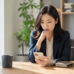 밝은 실내 테이블에 앉아 휴대폰을 보며 IRP 해지를 고민하는 30대 여성