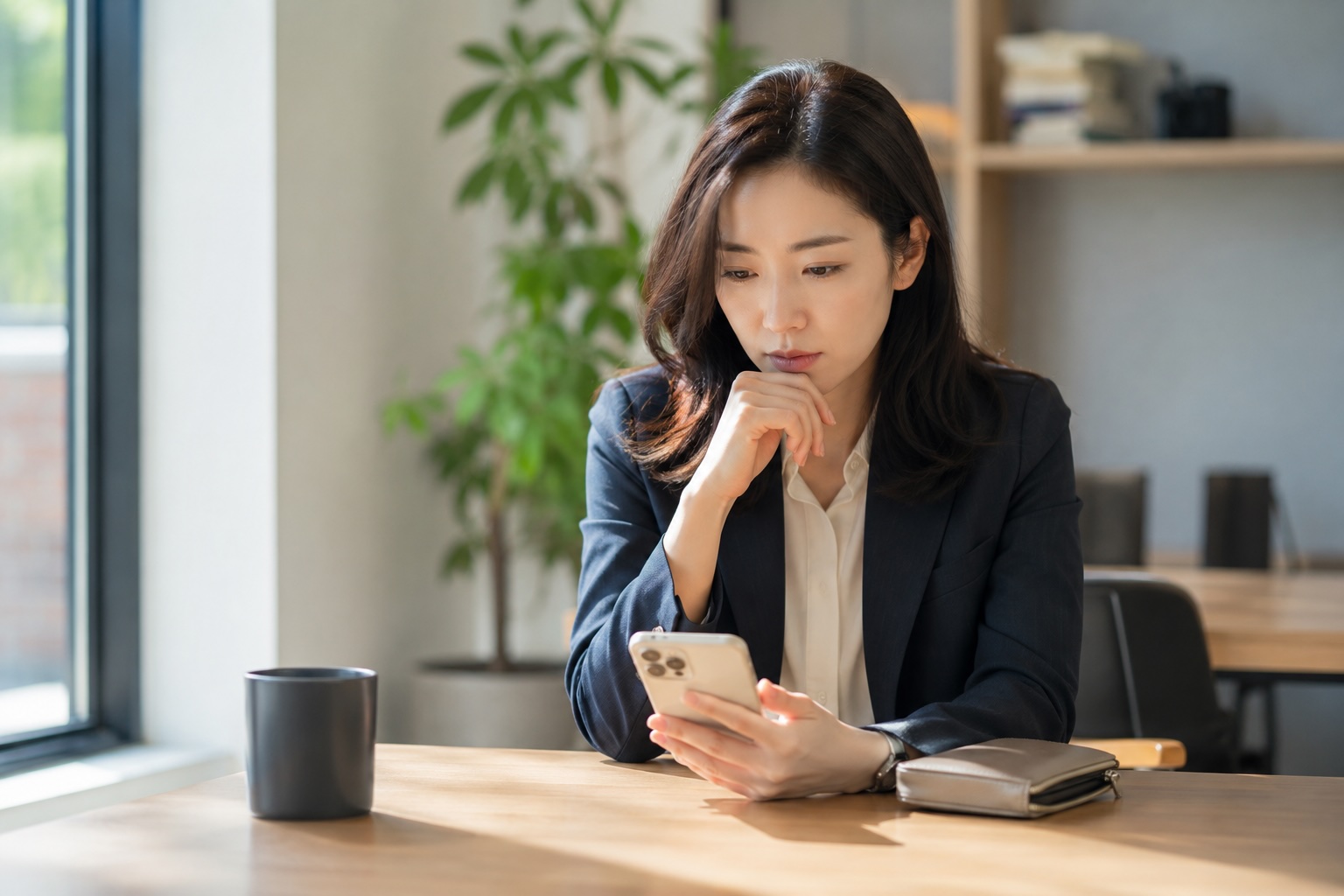 밝은 실내 테이블에 앉아 휴대폰을 보며 IRP 해지를 고민하는 30대 여성