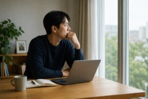 집에서 노트북을 앞에 두고 창밖을 바라보며 IRP와 S&P500 투자 방법을 고민하는 남성