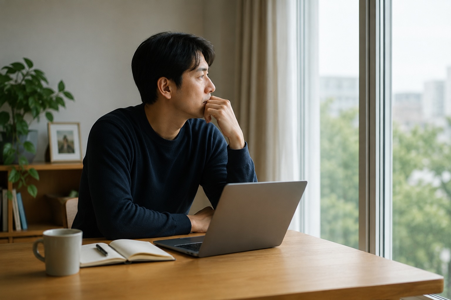집에서 노트북을 앞에 두고 창밖을 바라보며 IRP와 S&P500 투자 방법을 고민하는 남성