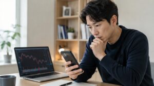 주식 앱을 확인하며 단일종목 레버리지 ETF 규제 변화를 살펴보는 한국인 직장인의 모습