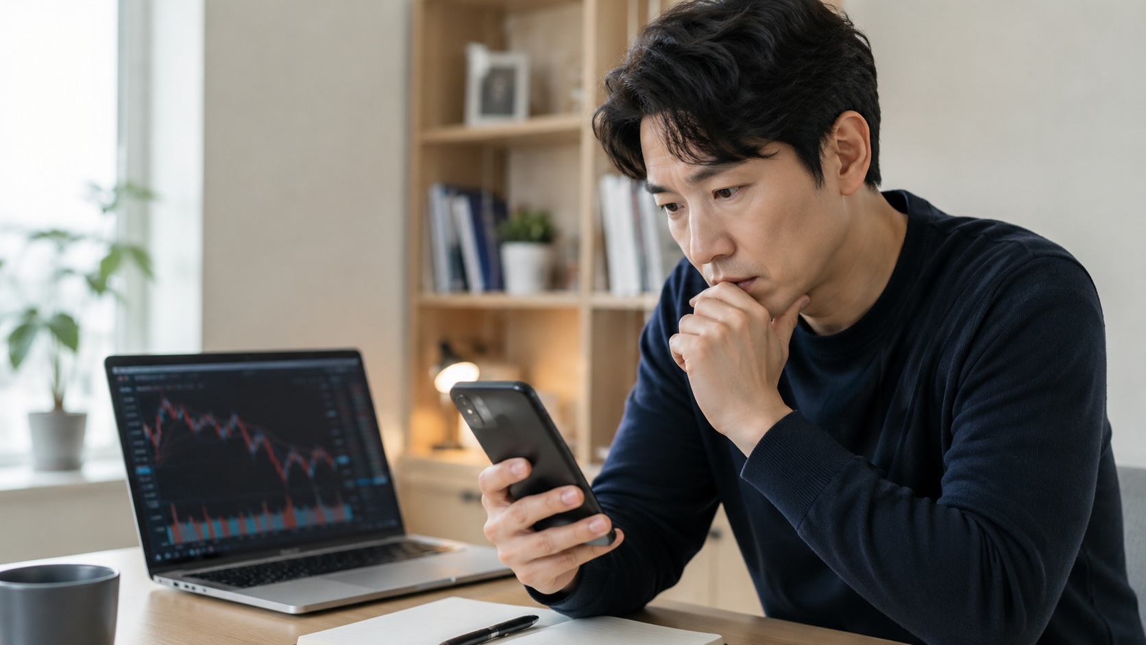 주식 앱을 확인하며 단일종목 레버리지 ETF 규제 변화를 살펴보는 한국인 직장인의 모습