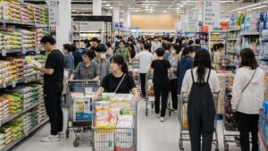 상품이 진열된 혼잡한 대형마트에서 여러 사람이 카트를 끌며 장을 보는 모습