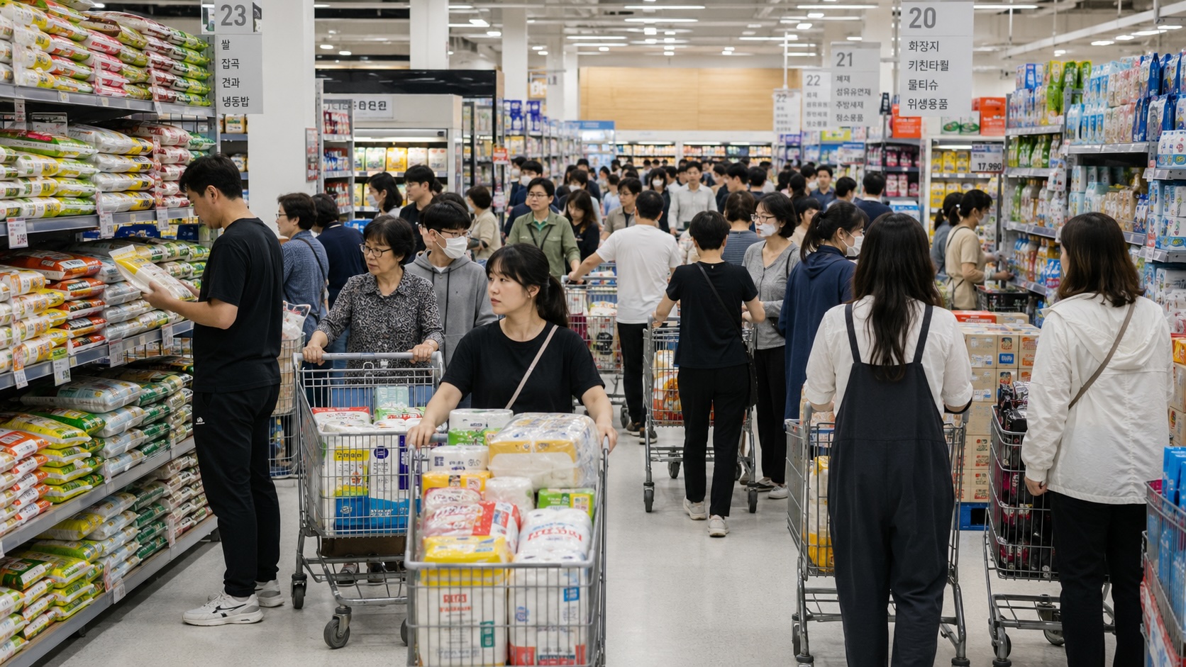 상품이 진열된 혼잡한 대형마트에서 여러 사람이 카트를 끌며 장을 보는 모습