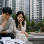 아파트 단지 앞에서 주택담보대출 서류를 살펴보며 고민하는 부부 모습