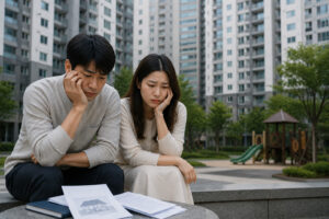 아파트 단지 앞에서 주택담보대출 서류를 살펴보며 고민하는 부부 모습