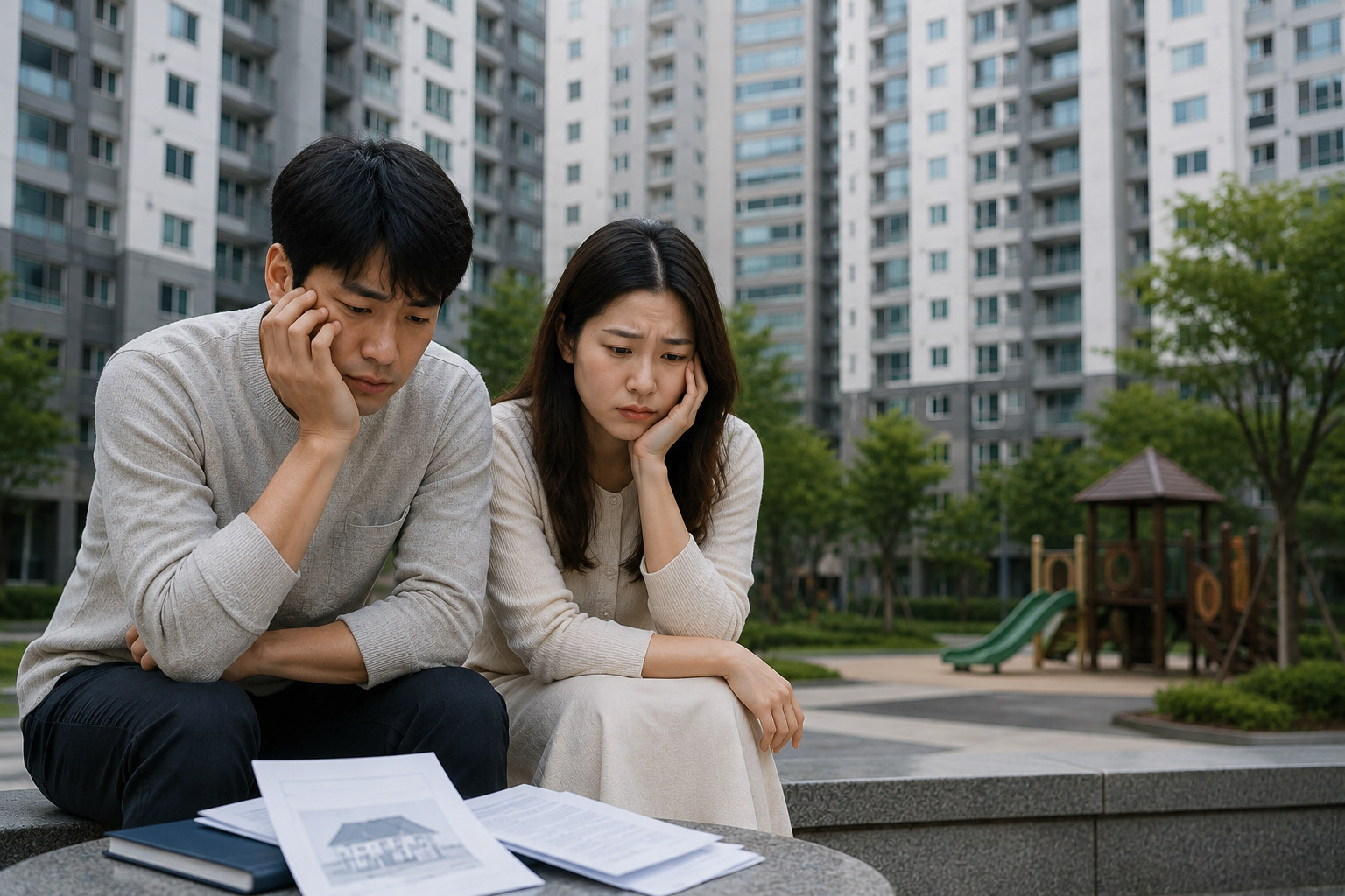 아파트 단지 앞에서 주택담보대출 서류를 살펴보며 고민하는 부부 모습