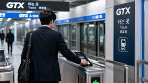 GTX 개찰구를 통과하며 출근하는 직장인의 모습, K-패스 모두의카드 교통비 환급 제도를 설명하는 대표 이미지