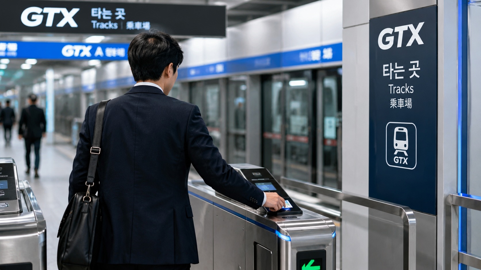 GTX 개찰구를 통과하며 출근하는 직장인의 모습, K-패스 모두의카드 교통비 환급 제도를 설명하는 대표 이미지