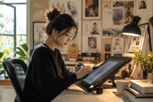 작업실에서 타블렛으로 그림을 그리고 있는 여성 일러스트레이터의 모습