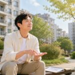 노후 아파트 단지 앞 벤치에 앉은 남성이 손바닥에 손가락으로 계산하는 시늉을 하며 재건축 분담금을 가늠하는 모습을 담은 이미지