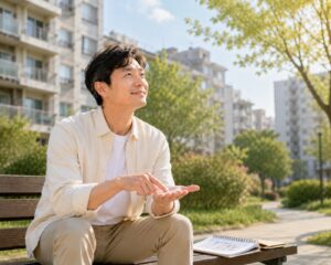 노후 아파트 단지 앞 벤치에 앉은 남성이 손바닥에 손가락으로 계산하는 시늉을 하며 재건축 분담금을 가늠하는 모습을 담은 이미지