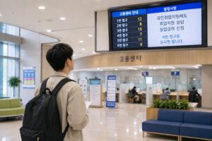 고용센터 로비에서 배낭을 멘 청년이 안내를 기다리며 취업지원 서비스를 이용하려는 모습. 밝고 현대적인 공공기관 실내 환경