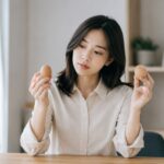 테이블에 앉아 양손에 달걀을 하나씩 들고 비교하는 30대 여성의 모습
