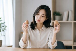 테이블에 앉아 양손에 달걀을 하나씩 들고 비교하는 30대 여성의 모습