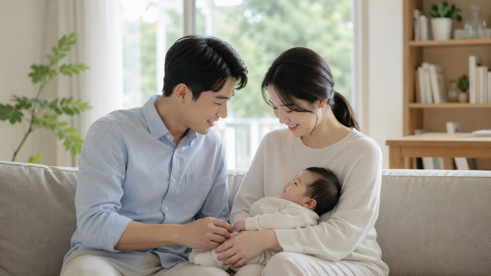 아기를 안은 부부가 함께 웃고 있는 모습. 2027년 최저임금 인상에 따라 실업급여, 출산전후휴가 급여, 육아휴직급여 등 지원제도 변화를 설명하는 대표 이미지.