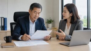 사무실에서 노령연금 감액 관련 서류를 검토하며 동료와 대화하는 중장년 직장인 모습